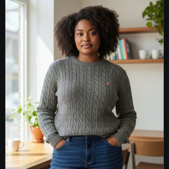 NWT Ralph Lauren Sport Women's Gray Cable Knit Pullover with Pink Logo Size-XL - Picture 12 of 12